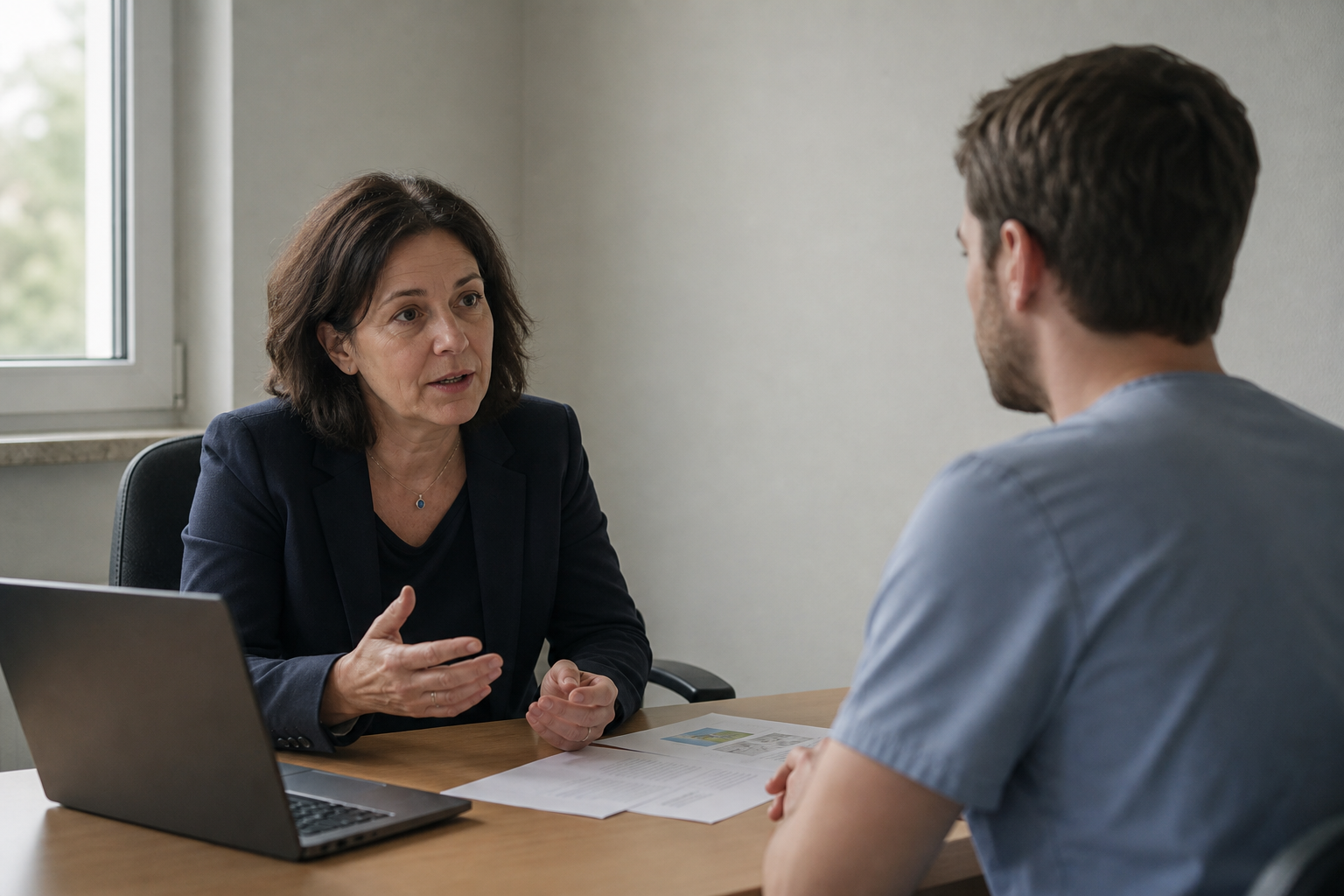 Pflegedienstleitung im Gespräch mit einem Mitarbeiter am Schreibtisch